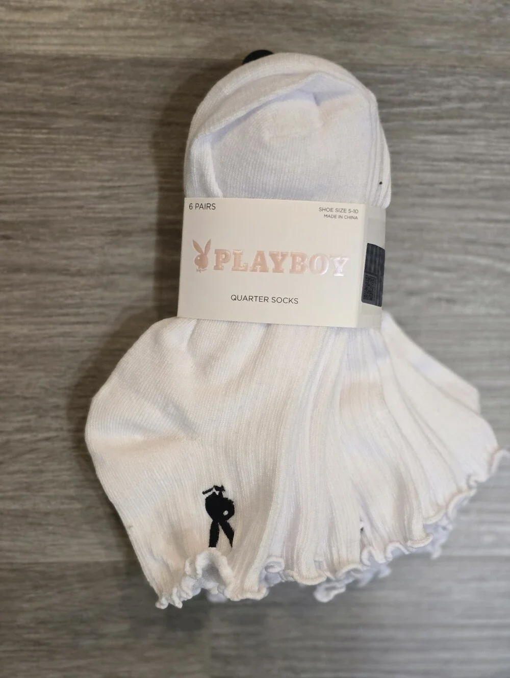 Playboy 6-PK Bunny Logo Ruffled Quarter Socks- White/Black